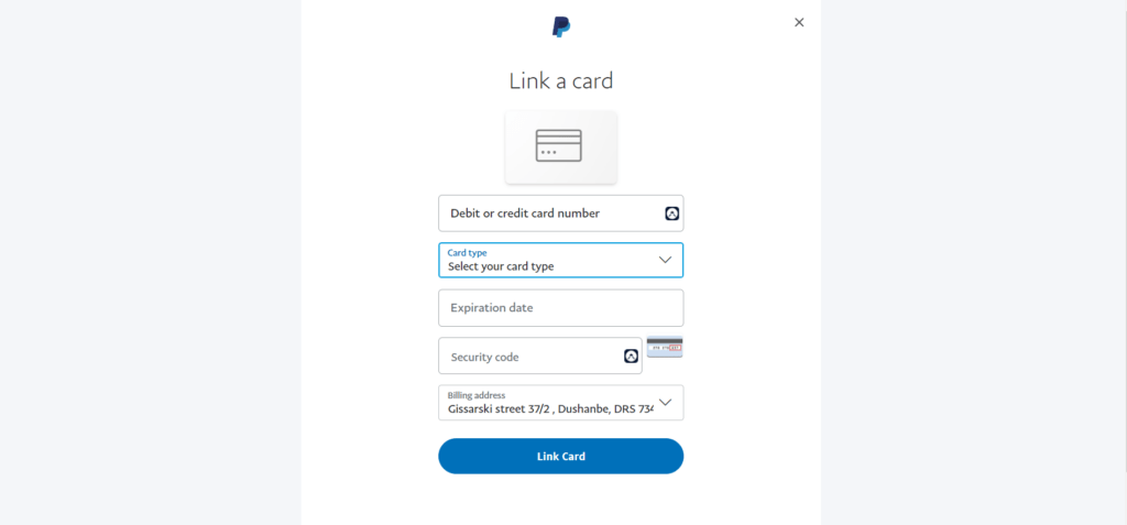 fill in info of paypal card